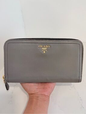 Prada Gray‎ Leather Zip Around Continental Wallet Gold Tone Hardware